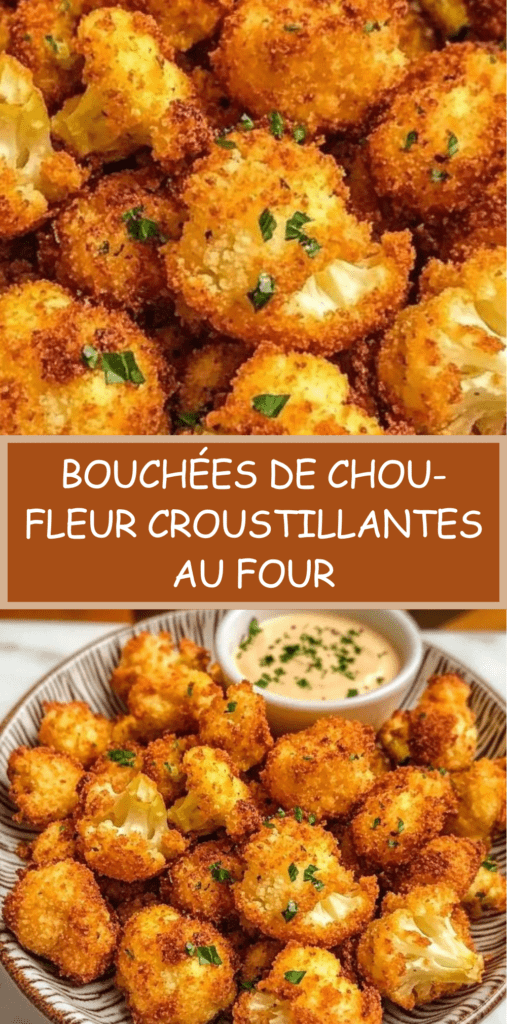 Bouchées de chou-fleur panées et croustillantes dorées au four, servies avec une sauce crémeuse et du persil frais sur un plateau.