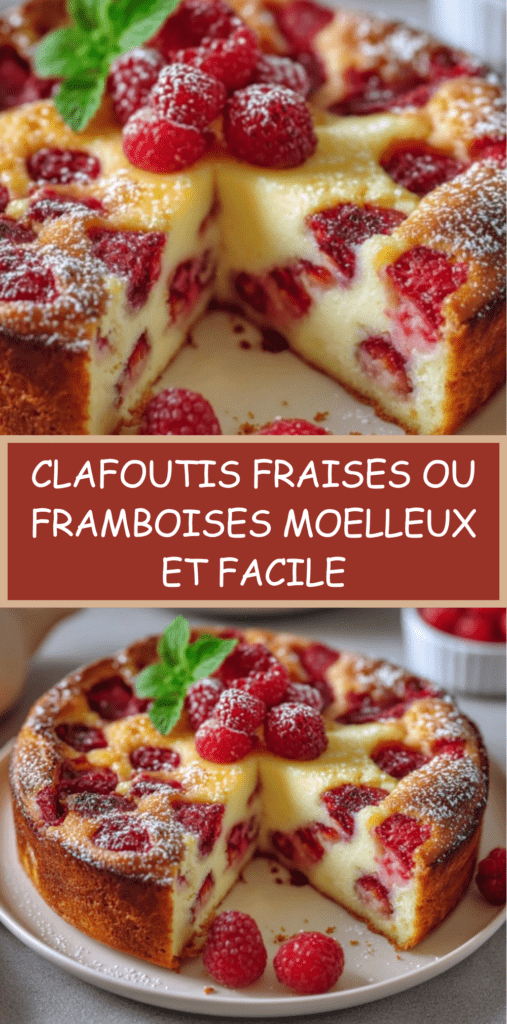 Clafoutis aux fraises et framboises doré au four, fruits rouges visibles, saupoudré de sucre glace, servi tiède en parts sur assiette.