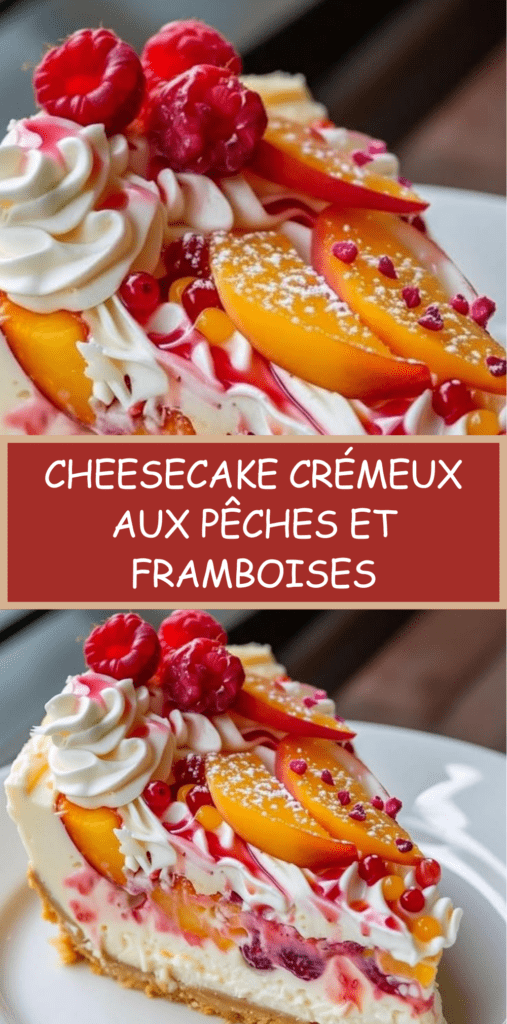 Cheesecake crémeux aux pêches et framboises sur base biscuitée croustillante, décoré de fruits frais et coulis de fruits rouges.