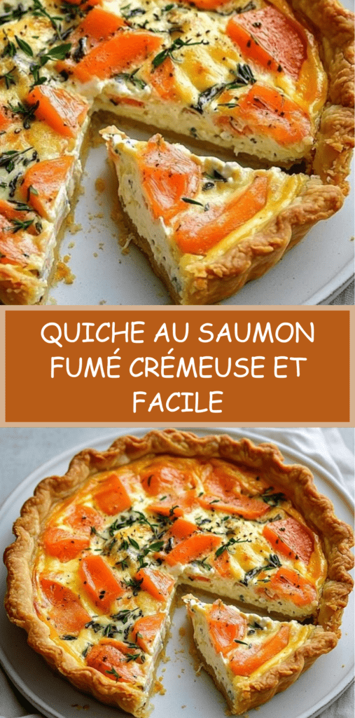 Quiche au saumon fumé dorée au four avec pâte croustillante et garniture crémeuse aux herbes, servie en parts sur une assiette.