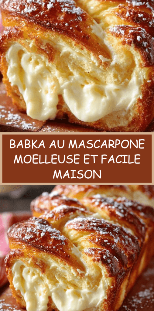 Babka au mascarpone moelleuse, brioche tressée dorée au four, garnie d’une crème onctueuse au mascarpone et saupoudrée de sucre glace