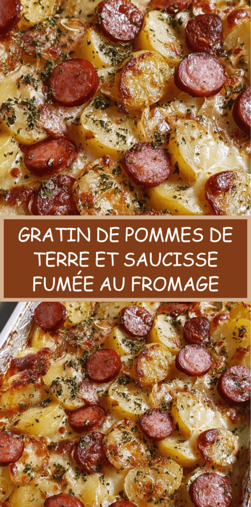 gratin de pommes de terre et saucisse fumée au fromage doré au four avec sauce crémeuse et persil frais dans un plat à gratin rustique