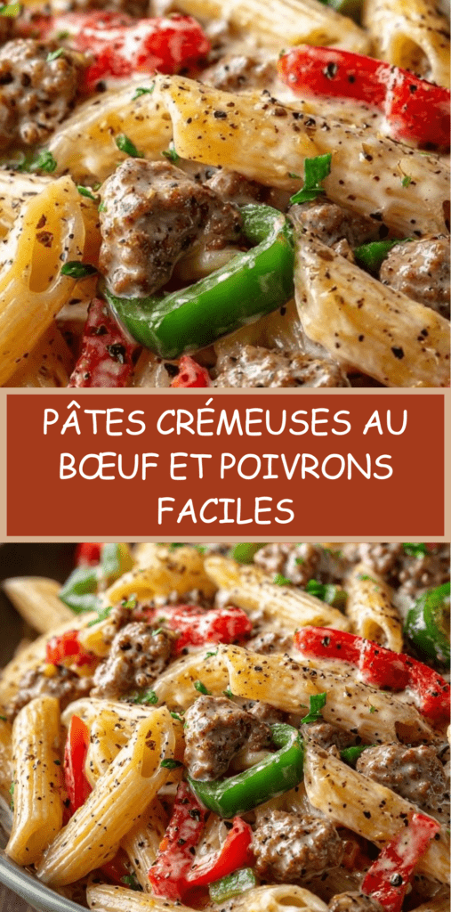 pâtes crémeuses au bœuf haché et poivrons colorés dans une sauce au parmesan avec persil frais dans une grande poêle