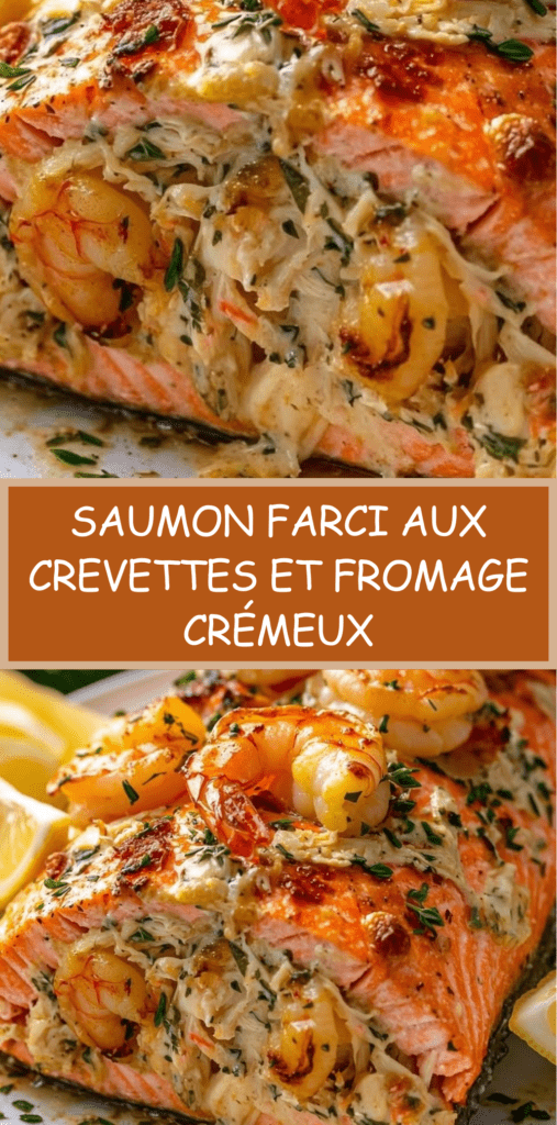filet de saumon rôti au four farci aux crevettes et fromage crémeux avec persil frais et quartiers de citron