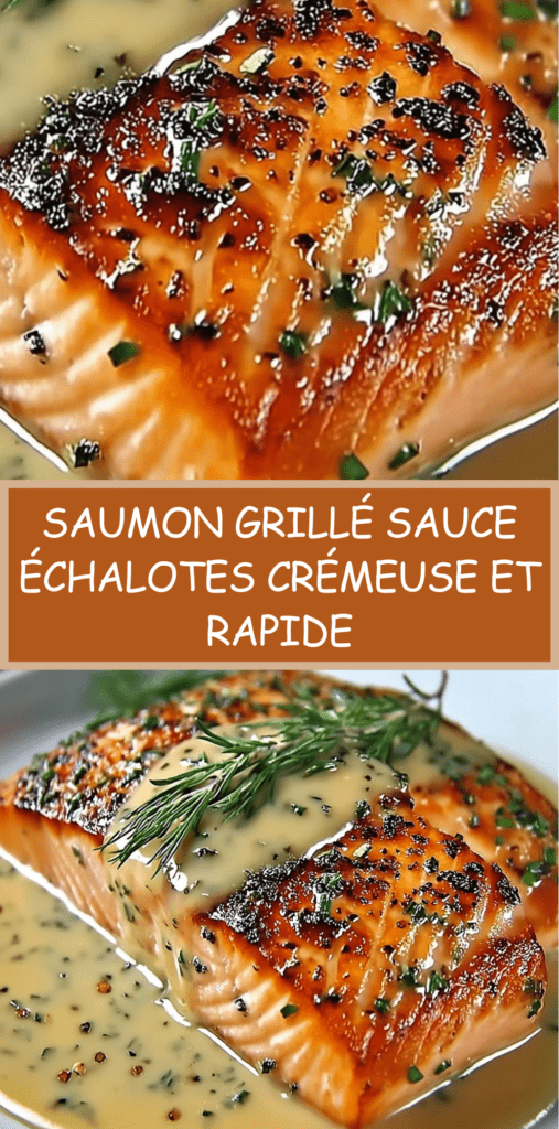 Pavés de Saumon grillé dorés à la poêle nappés d’une sauce crémeuse aux échalotes et aux herbes, servis avec légumes vapeur et riz basmati.