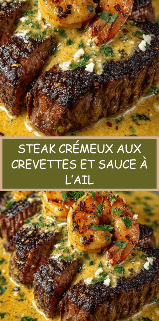 steak de bœuf grillé garni de crevettes dorées avec sauce crémeuse à l’ail et parmesan dans une poêle