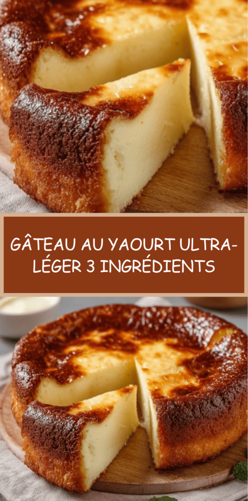 Part de gâteau au yaourt ultra-léger, dorée et moelleuse, préparée avec 3 ingrédients, servie sur une assiette avec yaourt nature en arrière-plan.