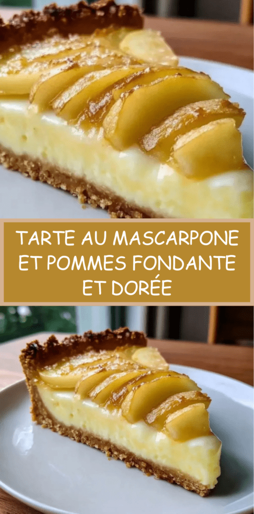 Tarte au mascarpone et à la pomme cuite au four, garnie de fines tranches de pommes disposées en rosace sur une crème onctueuse, avec une pâte sablée dorée et croustillante.