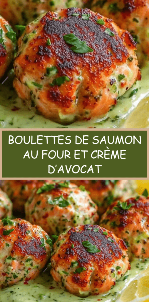 Boulettes de saumon dorées au four servies avec une crème d’avocat onctueuse et citronnée, décorées de persil frais sur une assiette claire.