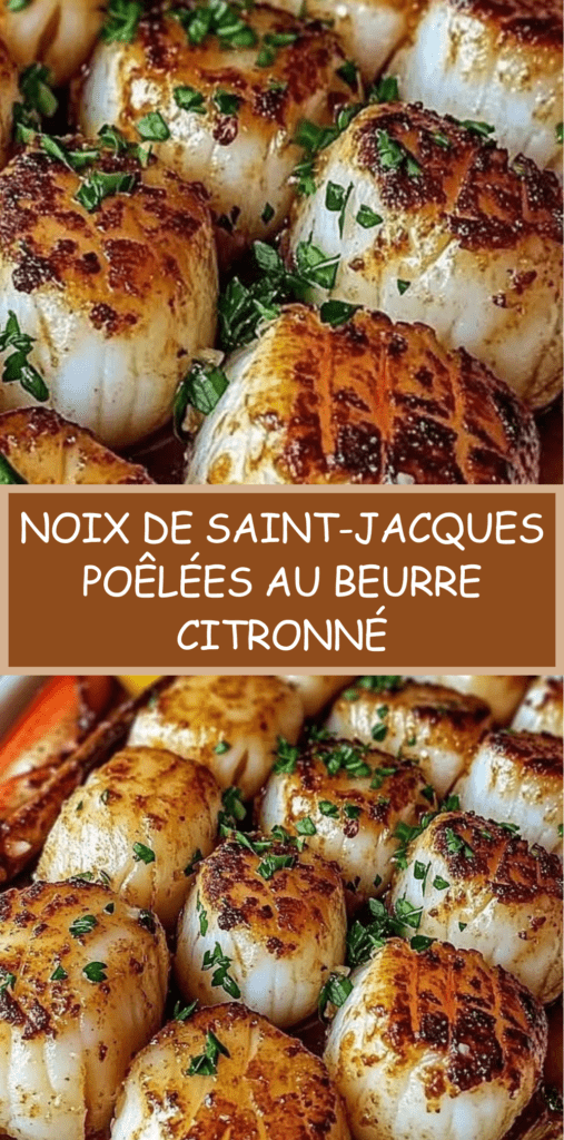 Noix de Saint-Jacques dorées à la poêle nappées de beurre citronné avec persil frais et quartiers de citron dans une assiette élégante.