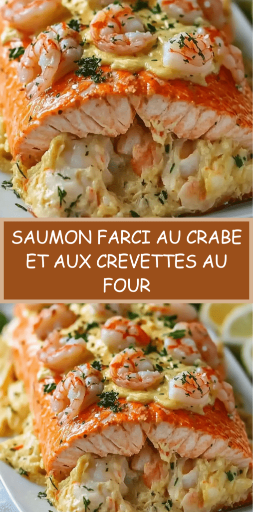 Grand filet de saumon farci au crabe et aux crevettes, garni d’herbes fraîches et de citron, servi doré au four sur un plat élégant.