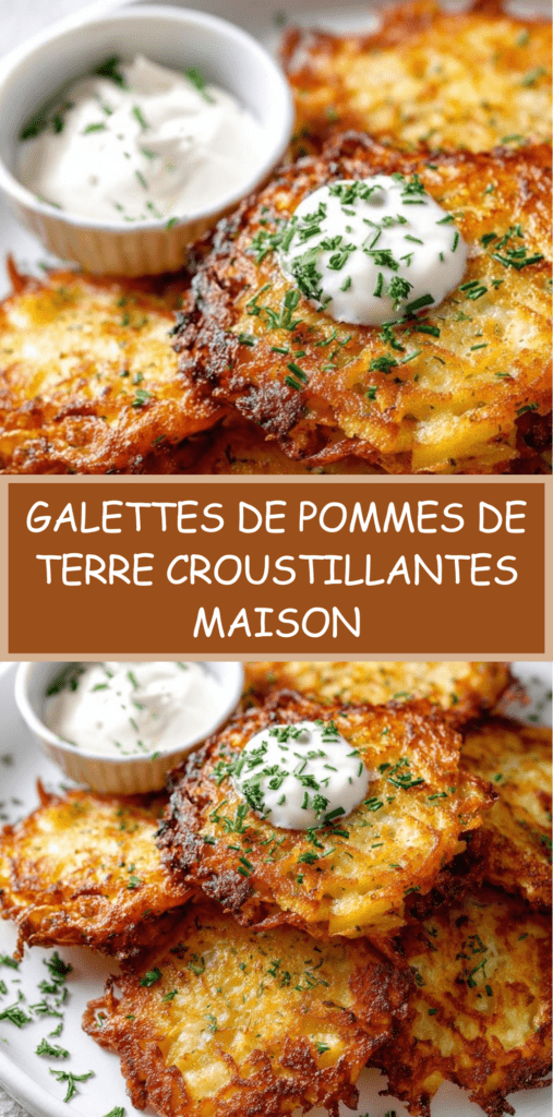 Galettes de pommes de terre dorées et croustillantes servies avec crème fraîche et ciboulette sur une assiette rustique.