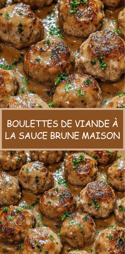 Boulettes de viande dorées mijotées dans une sauce brune onctueuse avec persil frais, servies dans une poêle rustique.