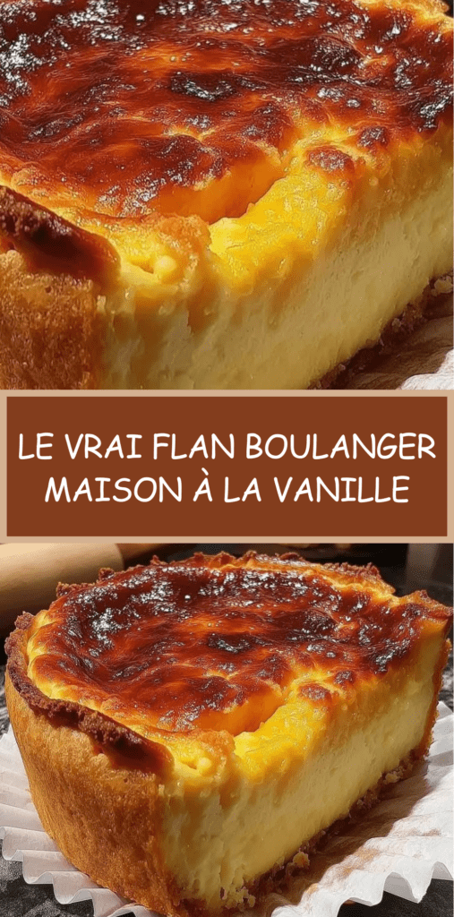 Flan boulanger maison à la vanille sur pâte croustillante, à la surface dorée et légèrement caramélisée, présenté en parts sur une assiette.