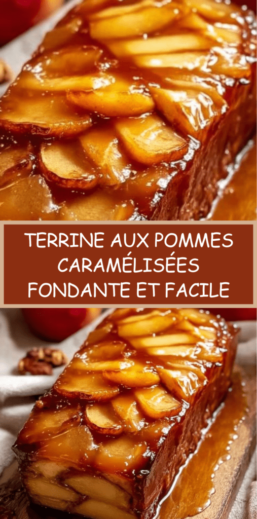 Tranches de terrine aux pommes caramélisées, dorées et fondantes, servies sur assiette avec nappage caramel et quelques noix de pécan.