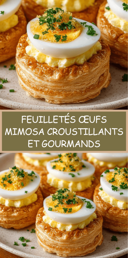 Feuilletés croustillants garnis de crème d’œufs mimosa et décorés de demi-œufs durs, servis sur un plateau pour une entrée élégante.
