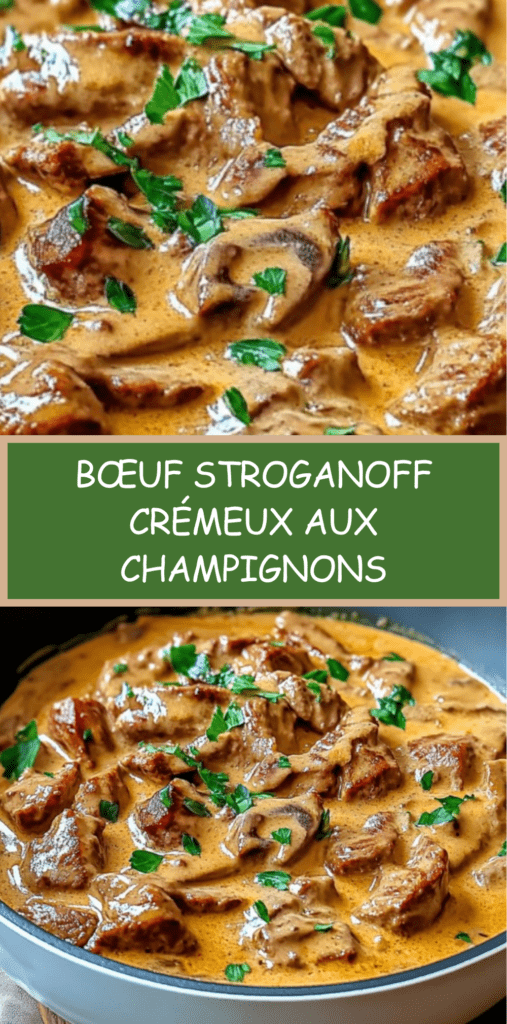 Bœuf Stroganoff crémeux aux champignons servi dans une assiette avec sauce onctueuse, persil frais et accompagnement de pâtes.