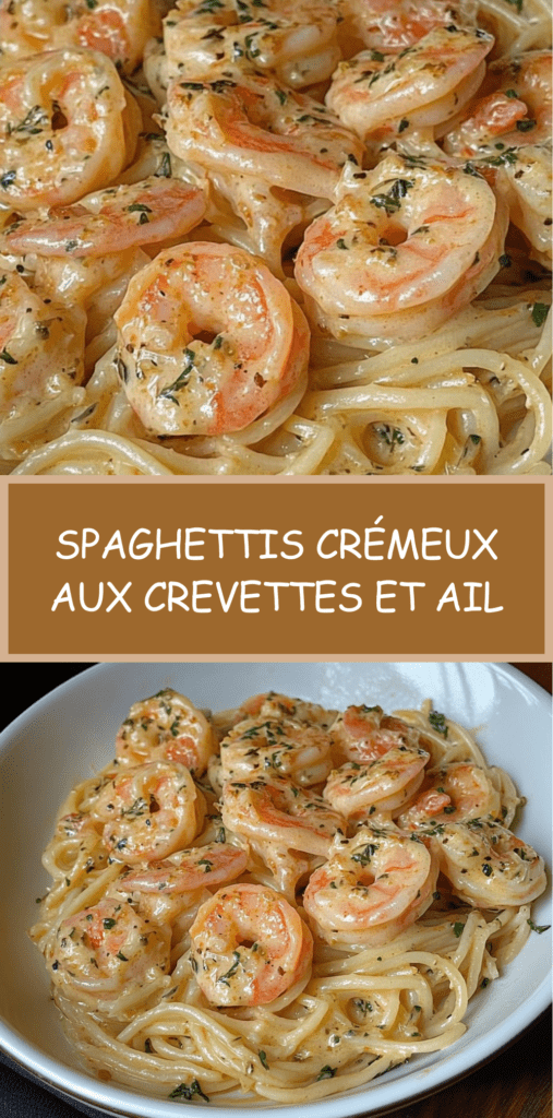 Spaghettis crémeux aux crevettes, ail et parmesan servis dans une assiette avec persil frais et sauce onctueuse.