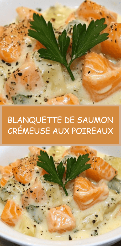 Blanquette de saumon crémeuse avec poireaux et carottes servie dans une assiette avec sauce onctueuse et persil frais.