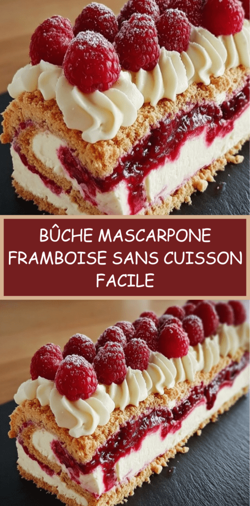 bûche mascarpone framboise avec base biscuitée croustillante, décorée de framboises fraîches et sucre glace.