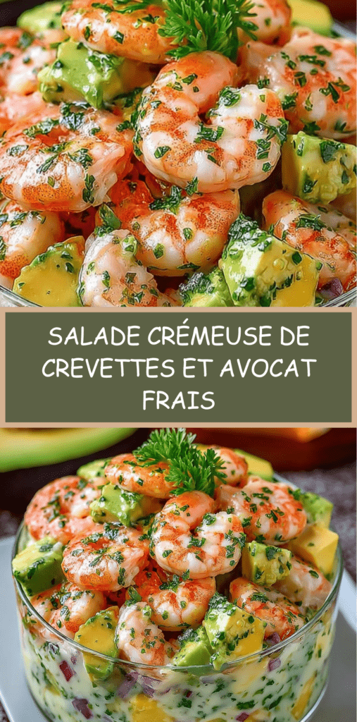 Salade crémeuse de crevettes et avocat servie dans un bol, avec oignon rouge, herbes fraîches et sauce onctueuse au citron.