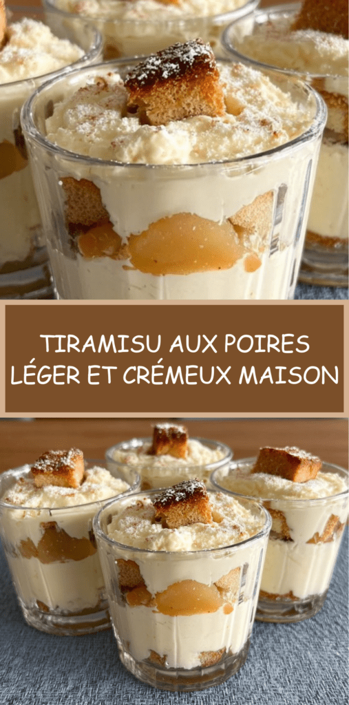 Verrines de tiramisu aux poires avec crème mascarpone onctueuse, biscuits imbibés, morceaux de poires fraîches et légère finition au sucre glace.
