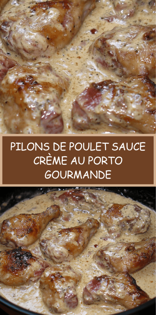 Pilons de poulet dorés nappés d’une sauce crémeuse au Porto avec lardons, persil frais et échalotes dans une poêle rustique.