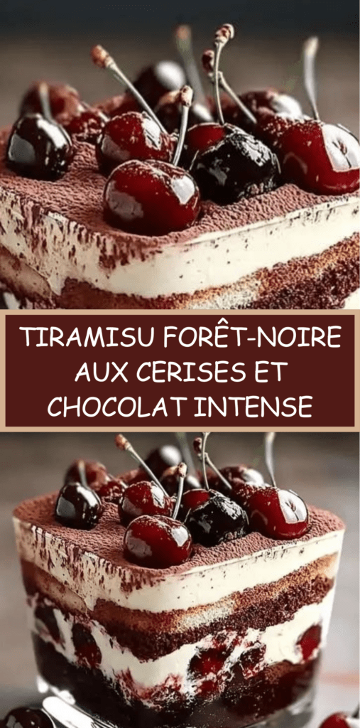 Verrines de tiramisu Forêt-Noire avec couches de biscuits imbibés, crème mascarpone, cerises, cacao et copeaux de chocolat noir.