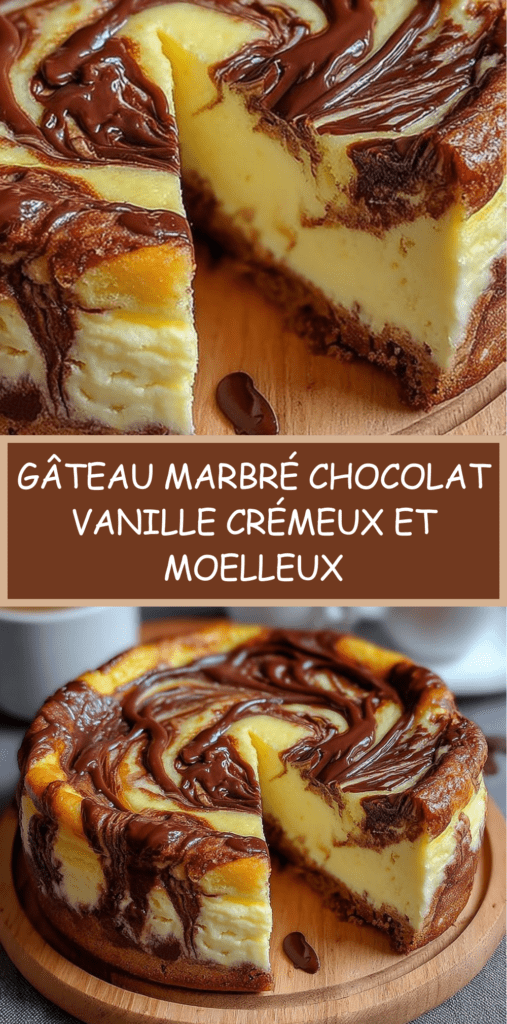 Gâteau marbré chocolat vanille à la texture crémeuse et moelleuse, avec un joli effet marbré et une surface légèrement dorée.