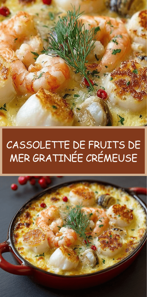 Cassolette de fruits de mer gratinées avec crevettes, moules et Saint-Jacques dans une sauce crémeuse dorée au fromage.