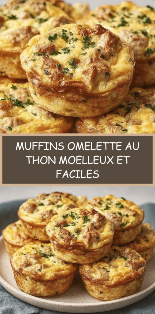Muffins d’omelette au thon dorés et moelleux, garnis d’herbes et de fromage, servis chauds dans un moule à muffins.