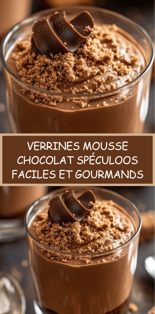 Verrines mousse chocolat avec base de spéculoos croustillante, mousse onctueuse et décoration de copeaux de chocolat et biscuits émiettés.