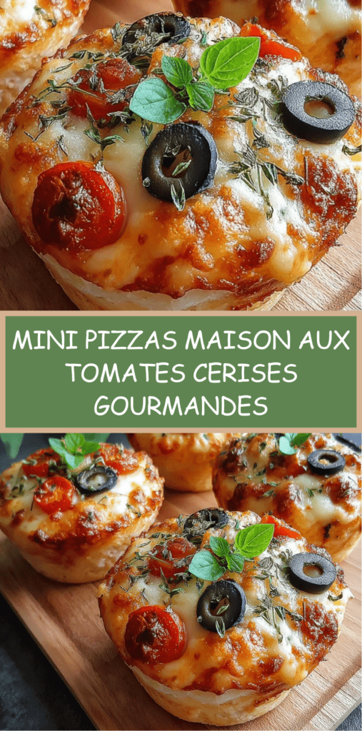 Mini pizzas maison garnies de mozzarella fondante, tomates cerises coupées en deux, olives noires, basilic frais et herbes, servies chaudes sur une assiette.