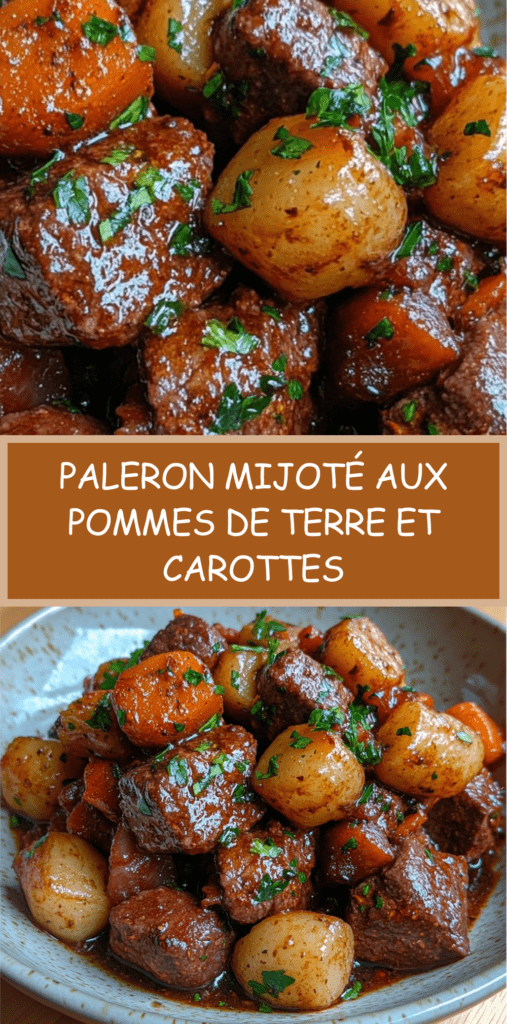 Plat de paleron de bœuf mijoté servi avec pommes de terre fondantes, carottes, petits oignons et sauce brune brillante, parsemé de persil frais.