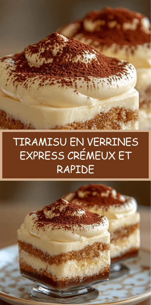 Verrines de tiramisu avec couches de crème mascarpone onctueuse, biscuits imbibés de café et cacao saupoudré sur le dessus.