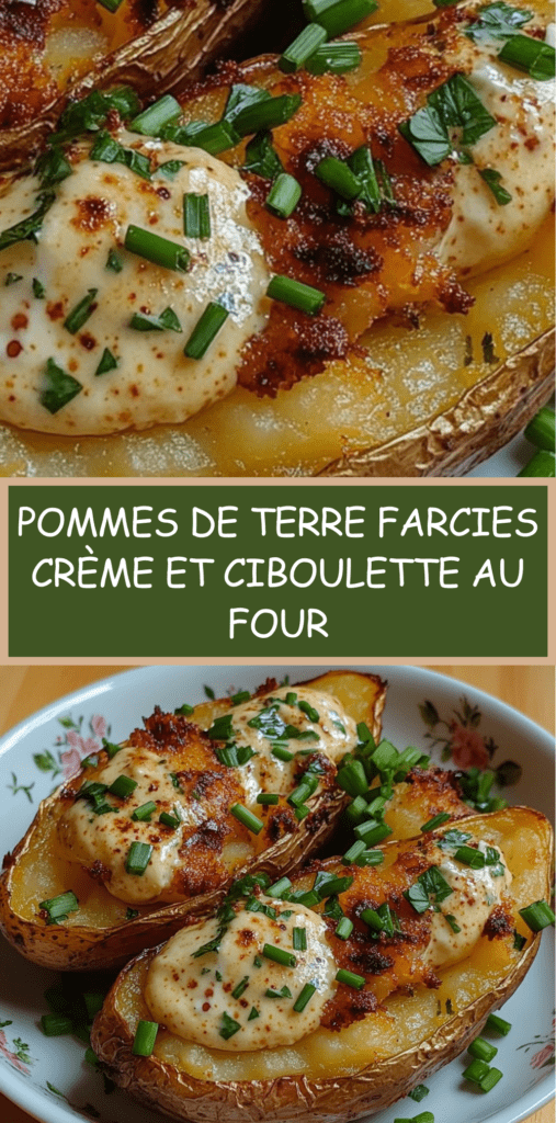 Pommes de terre au four coupées en deux, garnies d’une crème fromagère fondante avec ciboulette fraîche et fromage gratiné doré sur le dessus.