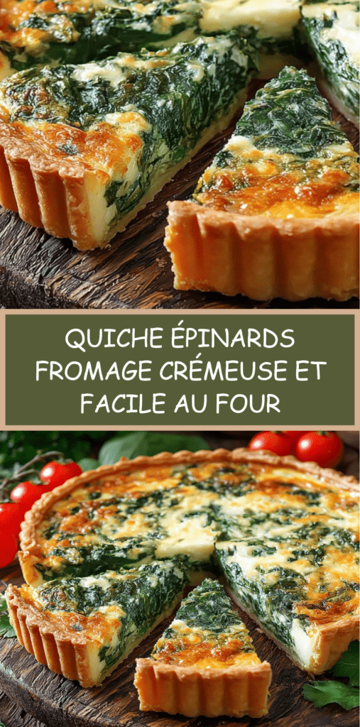 Quiche épinards et fromage dorée au four, avec garniture crémeuse, pâte croustillante et tomates cerises en accompagnement.