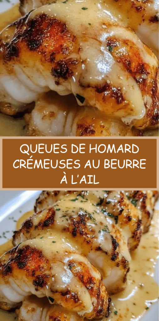 Queues de homard dorées servies dans leur carapace, nappées d’une sauce crémeuse au beurre à l’ail, au citron et au persil frais.