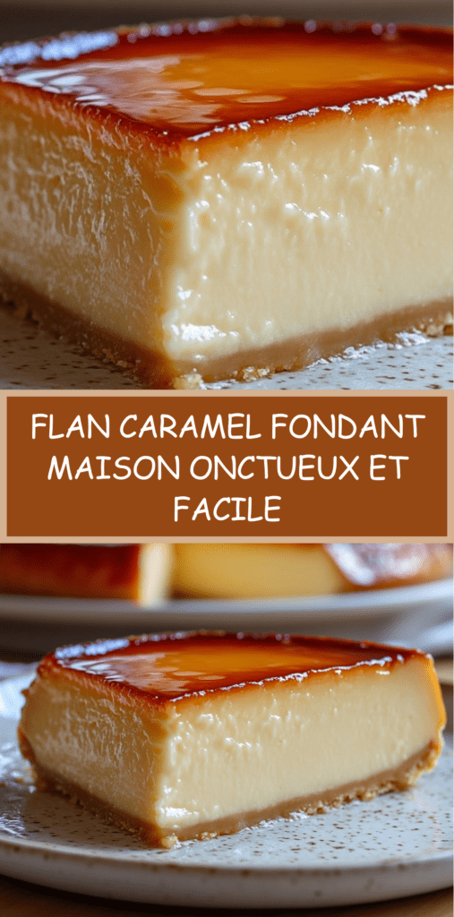 Flan caramel maison démoulé, texture lisse et brillante avec caramel doré nappant le dessus, servi en parts sur une assiette.