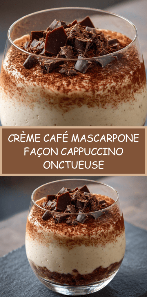 Verrines de crème café mascarpone façon cappuccino avec couche biscuit imbibée, mousse légère et cacao saupoudré sur le dessus.