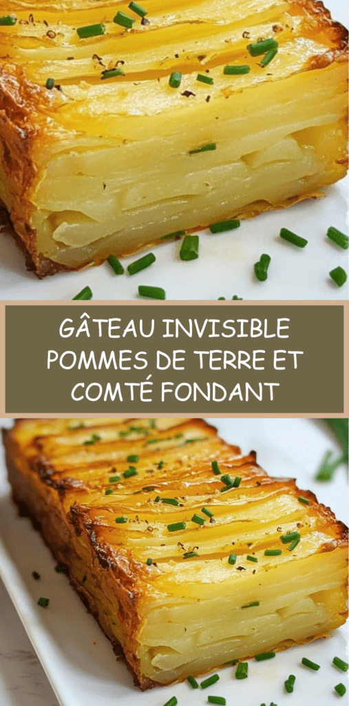 Gâteau invisible salé aux fines lamelles de pommes de terre et comté gratiné, servi en tranches, avec une texture fondante et une finition à la ciboulette fraîche.