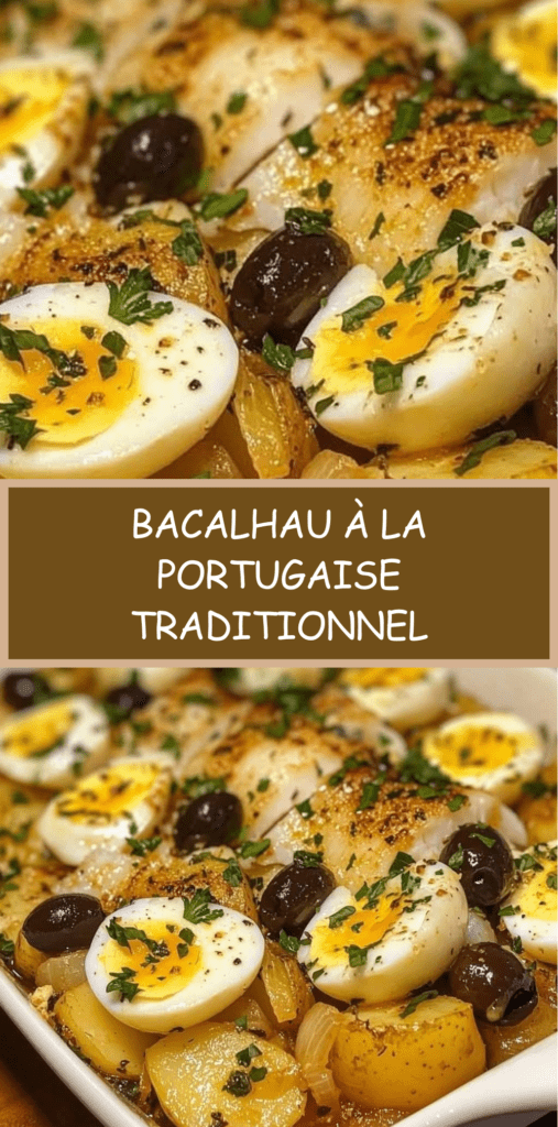 Plat de bacalhau à la portugaise avec morue émiettée, rondelles de pommes de terre dorées, œufs durs, olives noires et persil frais dans un plat familial.