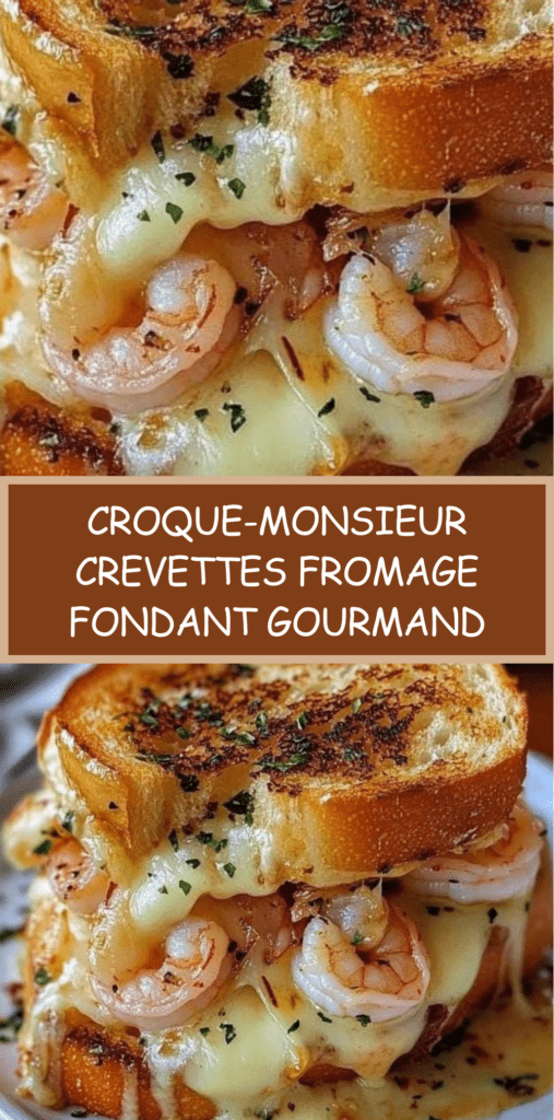 Croque-monsieur aux crevettes avec pain doré croustillant, fromage fondu filant et garniture crémeuse aux crevettes et persil frais.