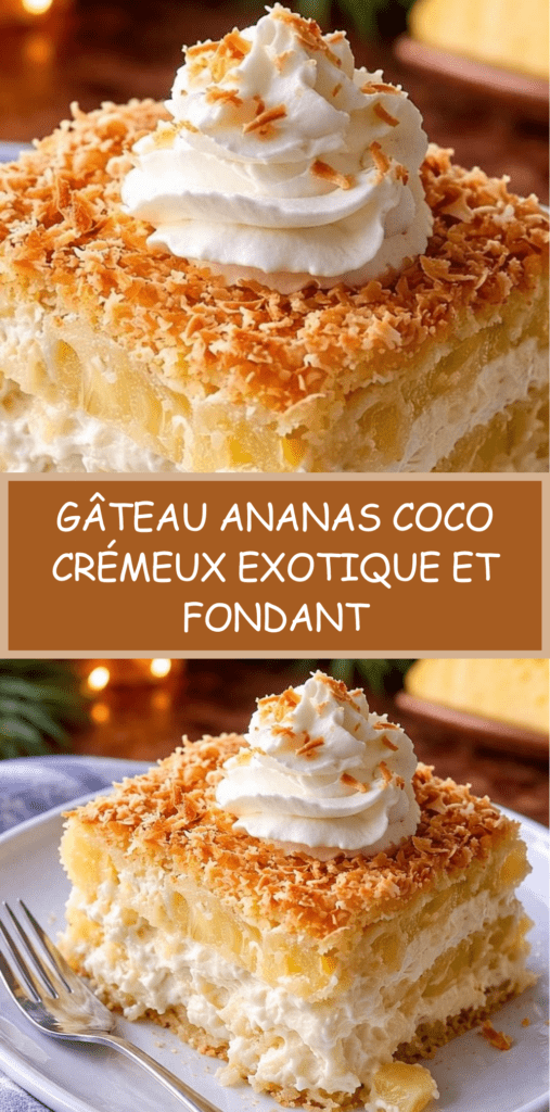 Gâteau ananas coco crémeux avec base moelleuse, crème mascarpone onctueuse, morceaux d’ananas et noix de coco râpée dorée sur le dessus.