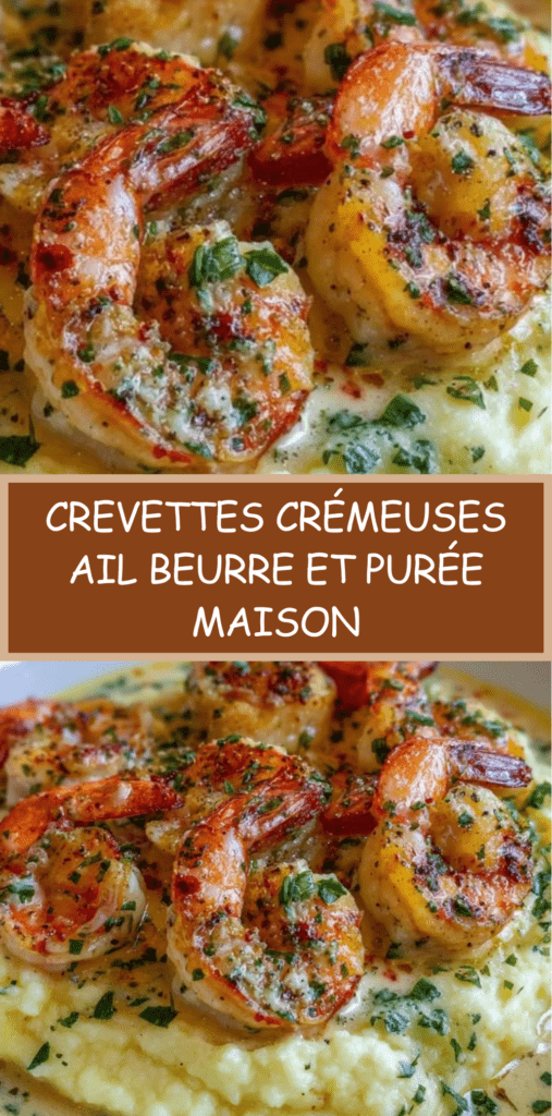 Crevettes crémeuses à l’ail et beurre servies sur une purée de pommes de terre lisse, nappées de sauce onctueuse et garnies de persil frais.