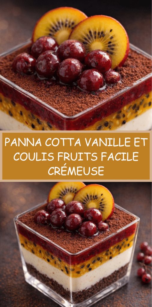 Verrines de panna cotta vanille onctueuse avec coulis de fruits rouges brillant et morceaux de fruits frais en décoration.