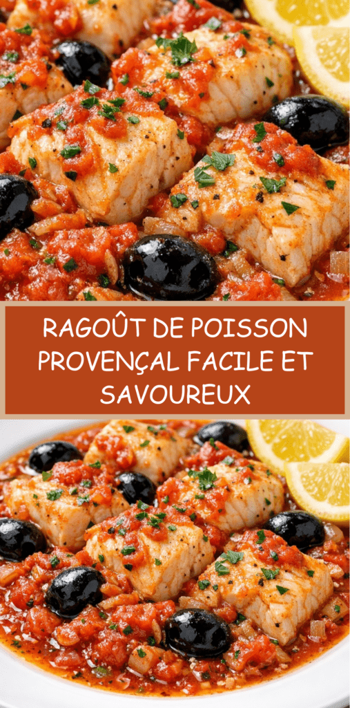 Ragoût de poisson provençal avec morceaux de poisson tendre dans une sauce tomate aux olives noires, herbes et persil frais.