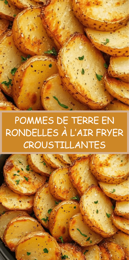 Rondelles de pommes de terre dorées et croustillantes cuites à l’air fryer, assaisonnées au paprika, aux herbes et garnies de persil frais dans une assiette de service.