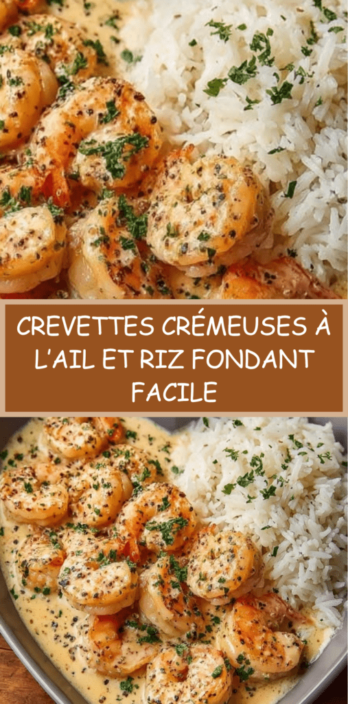Assiette de crevettes dorées nappées d’une sauce crémeuse à l’ail, servies avec un riz blanc fondant et parsemées de persil frais.