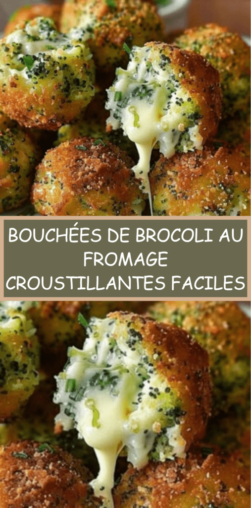 Bouchées de brocoli dorées et croustillantes au fromage, servies chaudes avec une texture fondante et filante à l’intérieur, accompagnées d’une sauce.